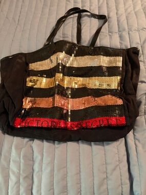 Victoria's Secret Black Tote with Gold, Silver, Copper and Red Sequin Stripes